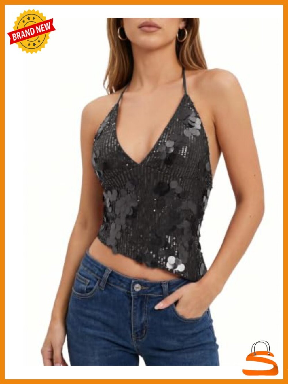 Sequin Halter Crop Top V Neck Sparkle Asymmetrical Backless Party Top